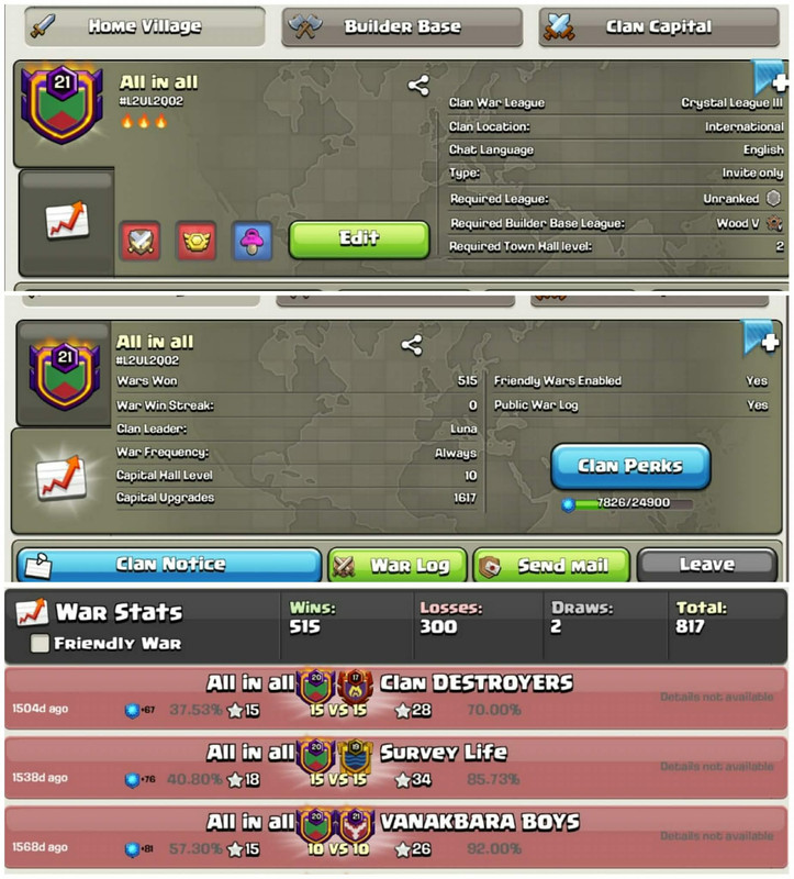 [Perfect English Name]➤➤Clan Level 21➤➤Clan Name: All In All➤➤515 War Wins
