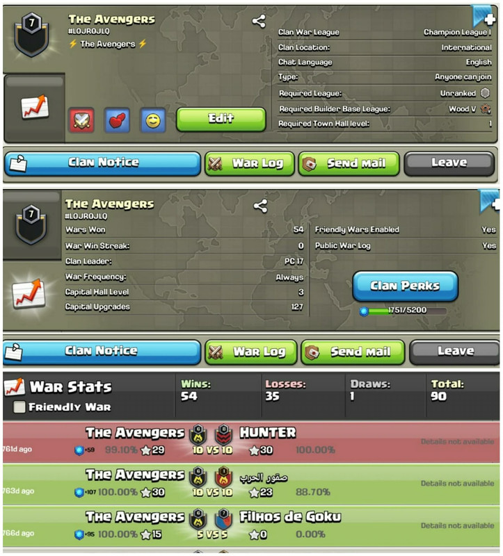 [Champion League 1]➤➤Clan Name: The Avengers➤➤Clan Level 7➤➤Best English Name Clan➤➤54 War Wins