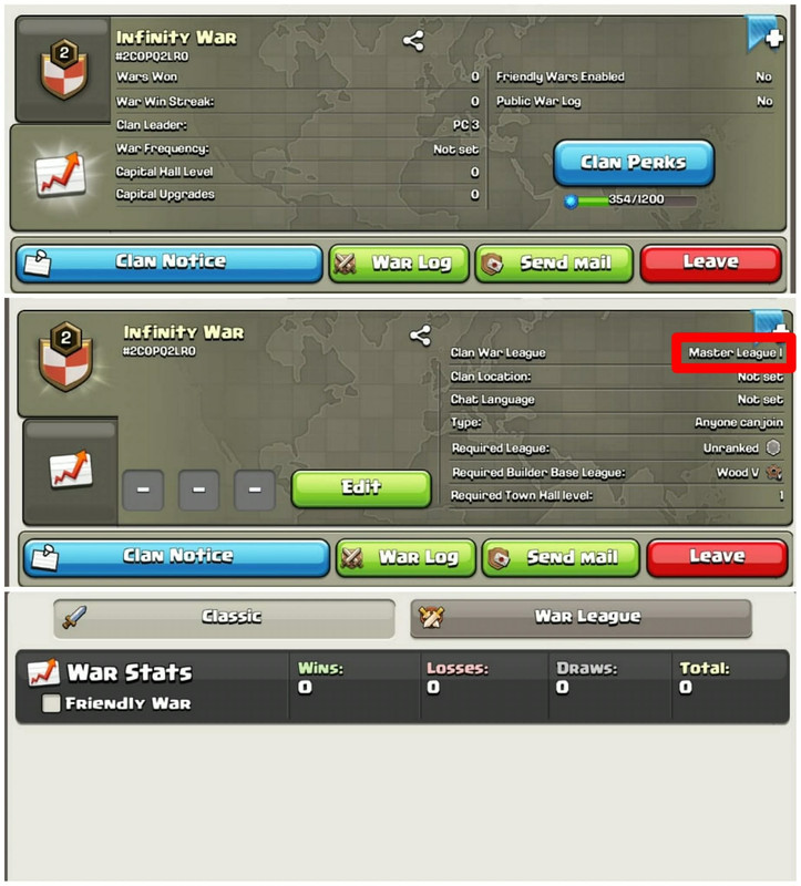 [Master Leauge 1]➤➤Clan Name:Infinity War➤➤Perfect English Name➤➤Level-2➤➤0 Win 0 Loss