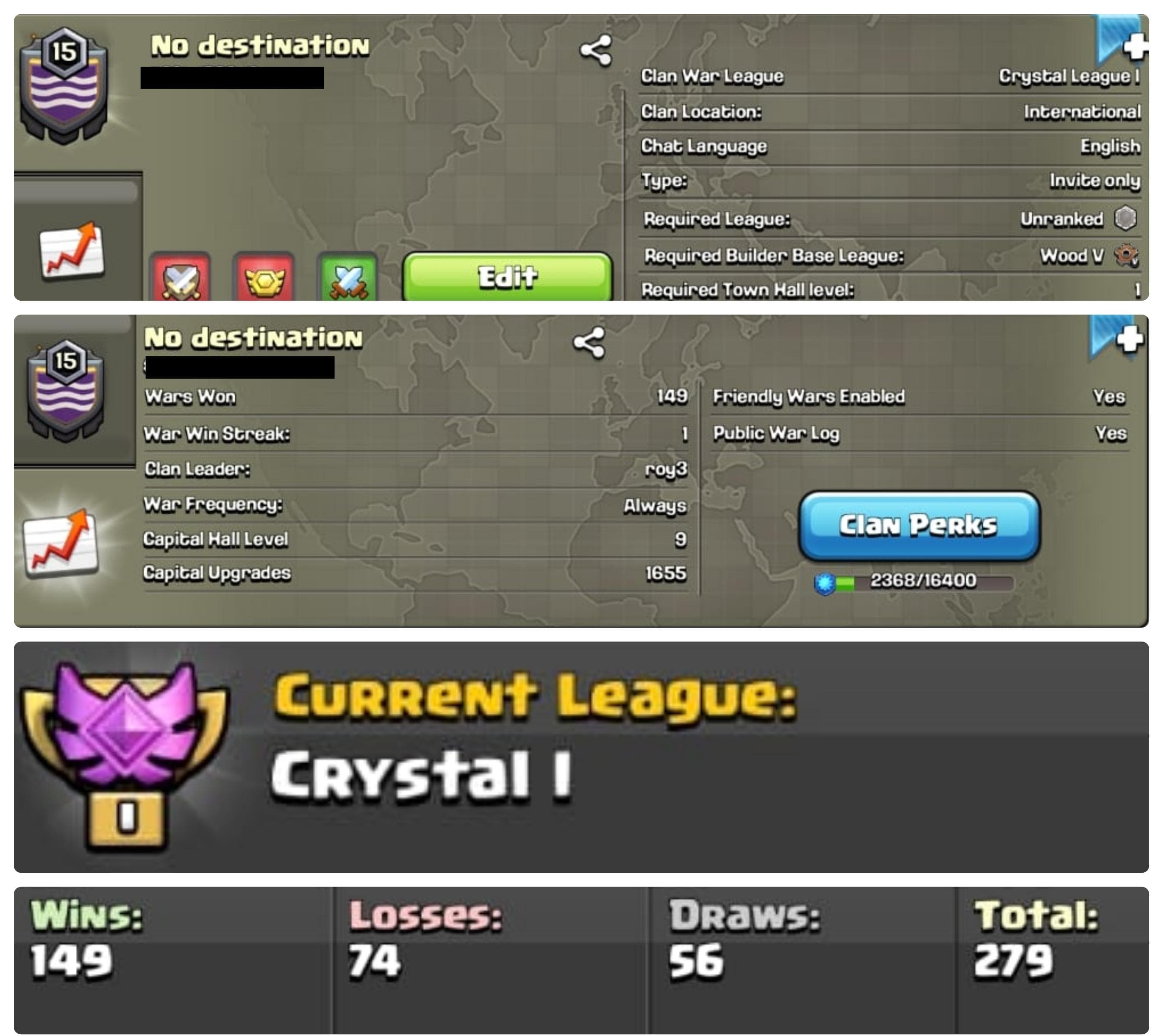 NAME : NO DESTINATION || CRYSTAL 1 + CC 9 + LVL 15 || 149 WINS 74 LOSSES ||