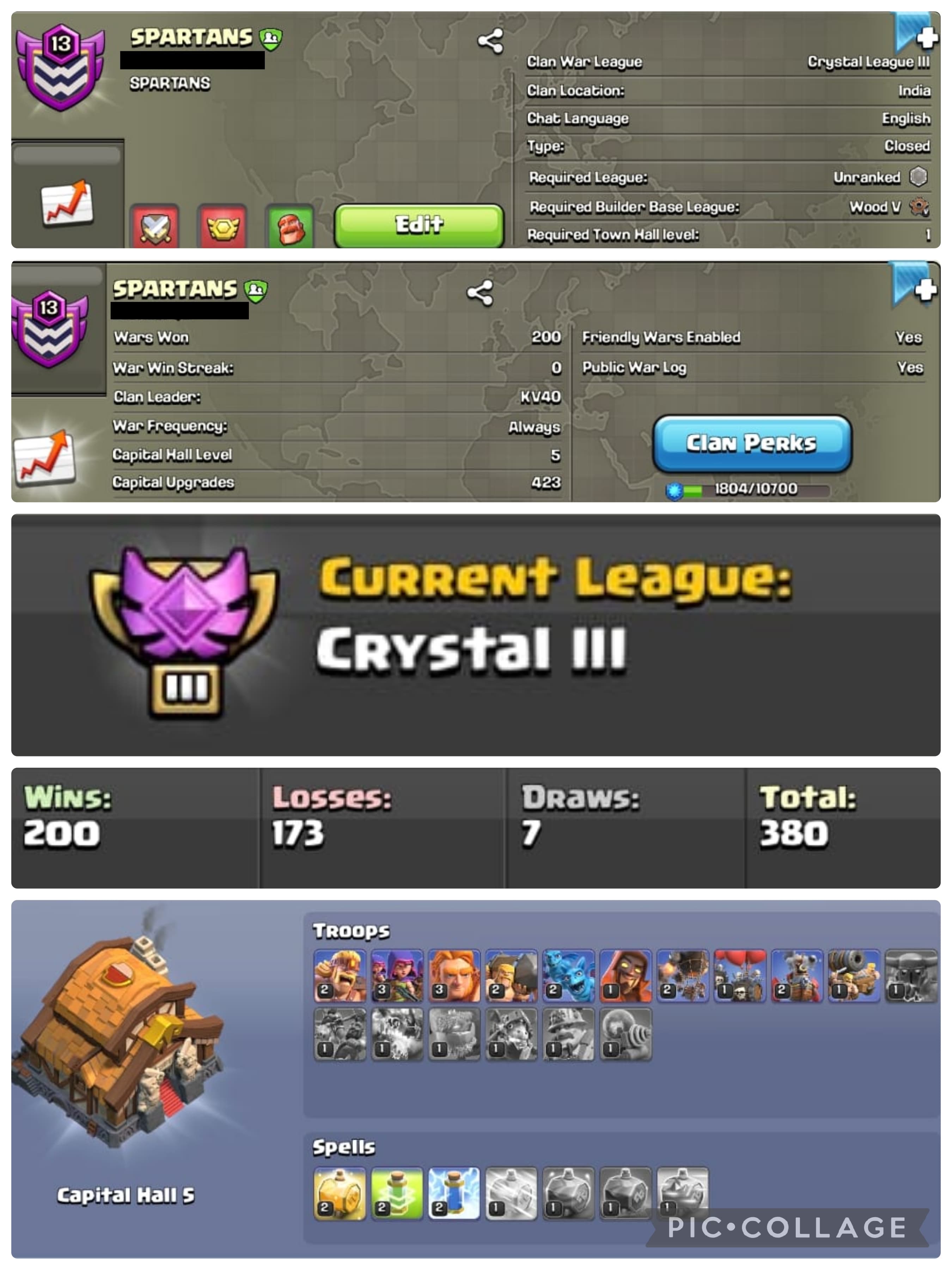NAME : SPARTANS || LVL 13 + CC 5 + CRYSTAL 3 || 200 WINS 173 LOSSES ||