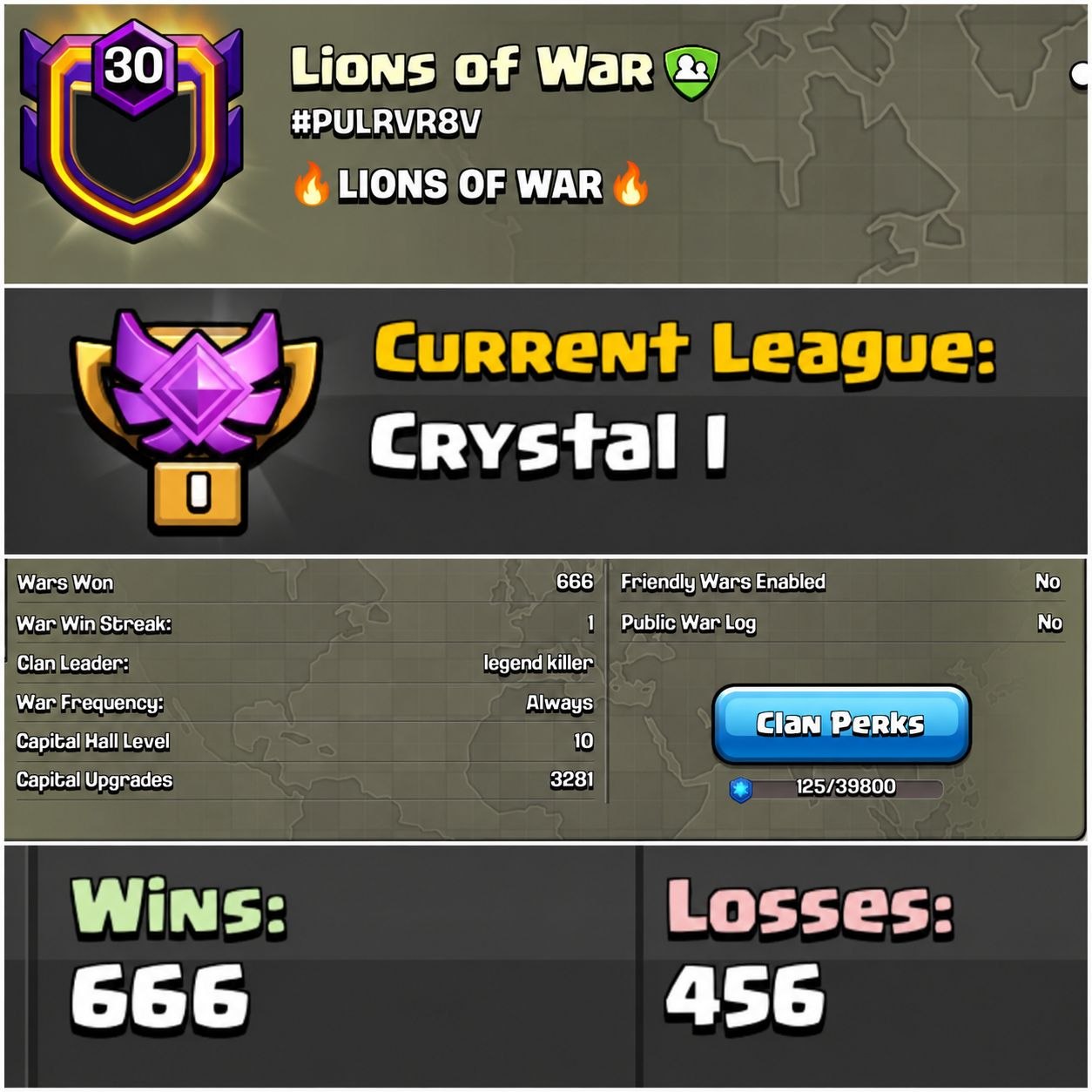 Premium English Name ~ Lions of War || Crystal 1 League || Capital Hall 10 || Warlog {666:456} || Fast Delivery || Value For Money Deal