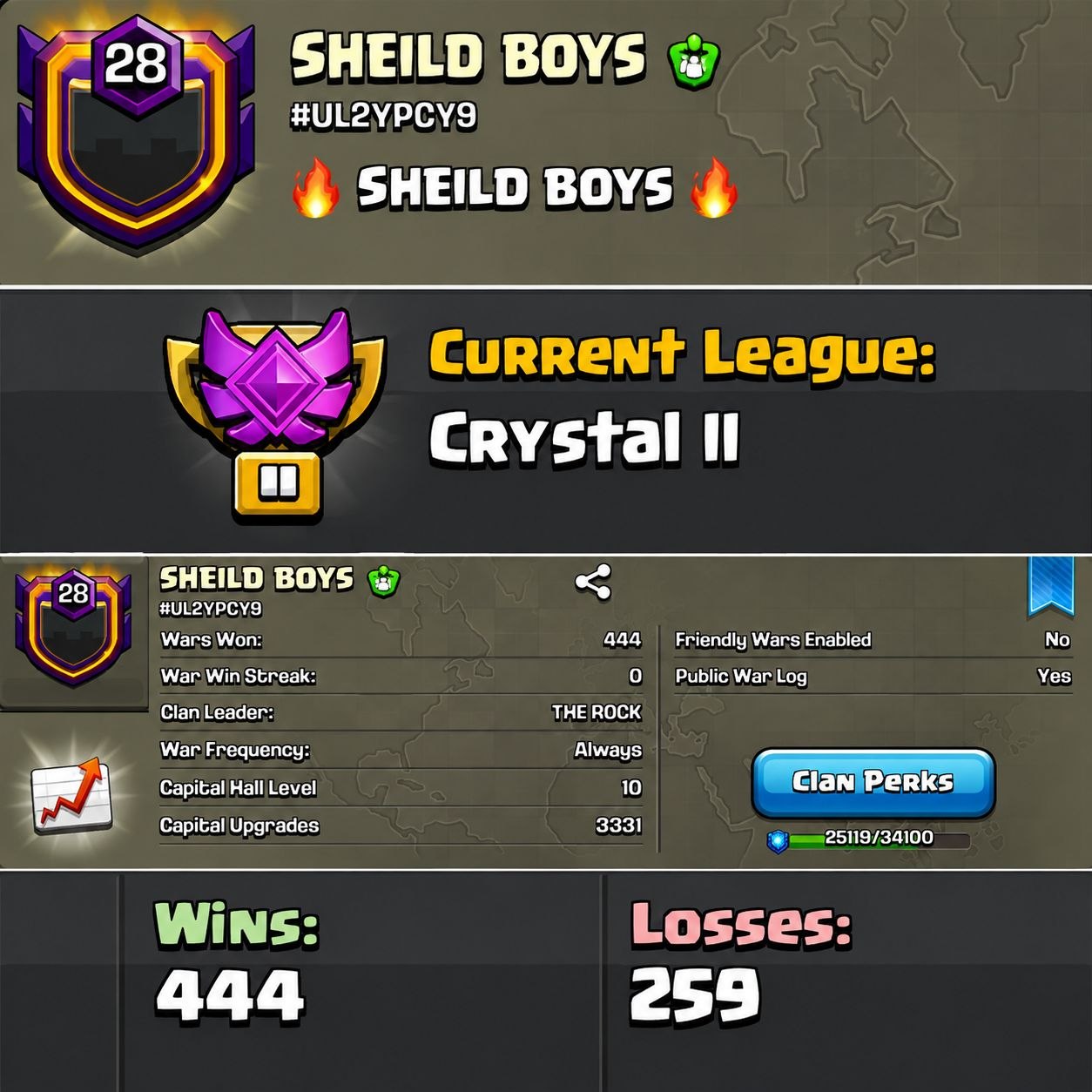 Level 28 || Name - SHEILD BOYS || Clan Capital 10 || Crystal League 2 || War log {444:259} || English Name || Fast Delivery