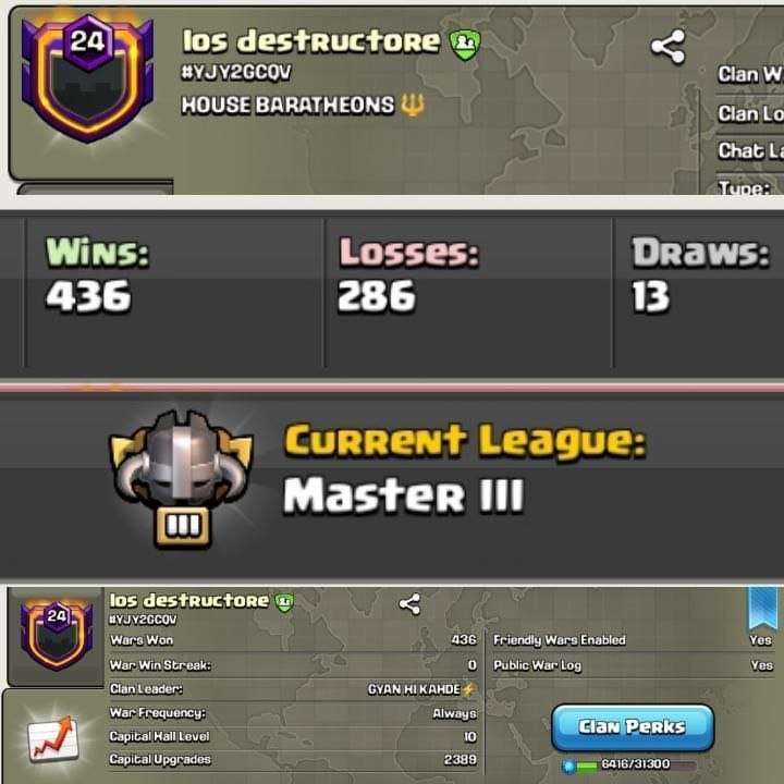 #Master League 3 || Level 24 || Name - los destructore || Clan Capital 10 || War log {436:286} || Value For Money || Fast Delivery