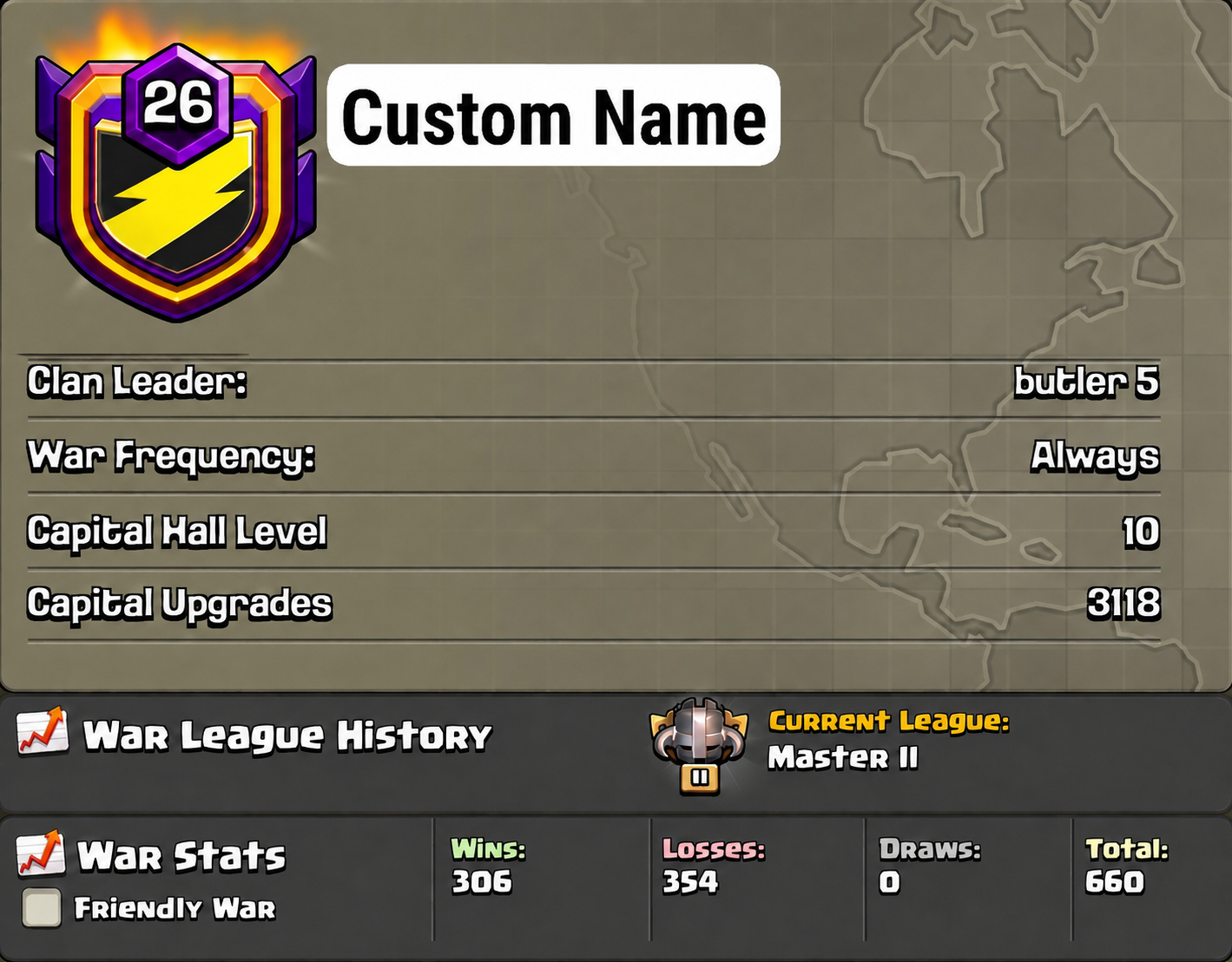 Name Change Clan | Lvl 26 | Buyer choice name | Master 2 | Capital 10 | War- Win 306, Loss 354