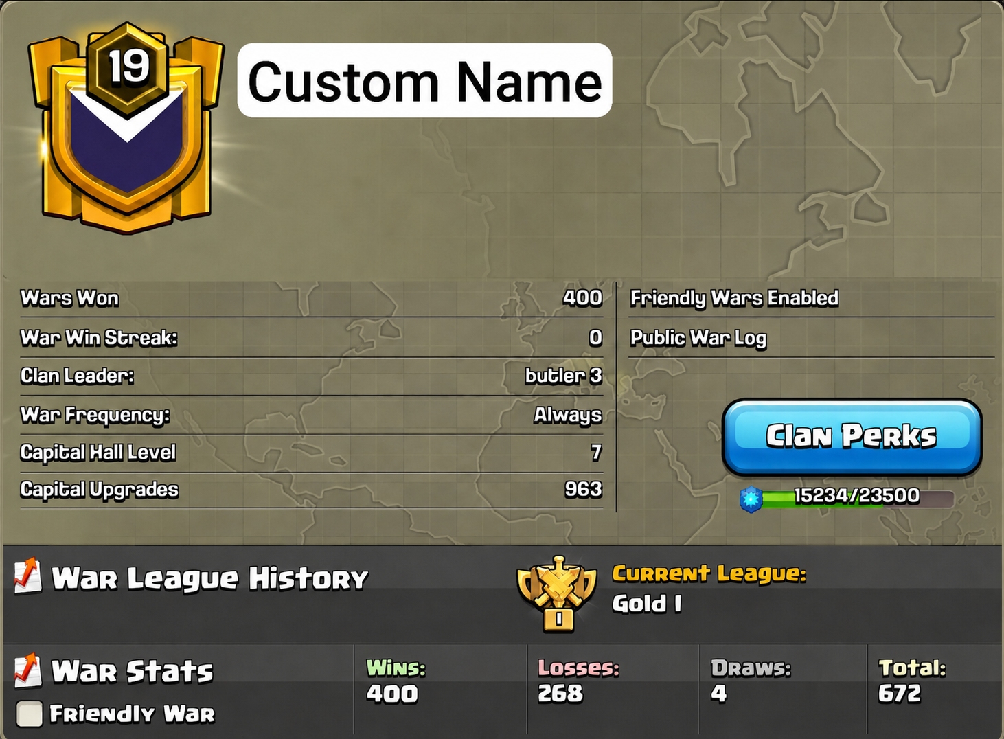 Name Change Clan | Lvl 18 | Buyer choice name | Gold 1 | Capital 7 | War Win - 400 , Loss 268 | Prefect for new journey | Excellent War Log 🔥